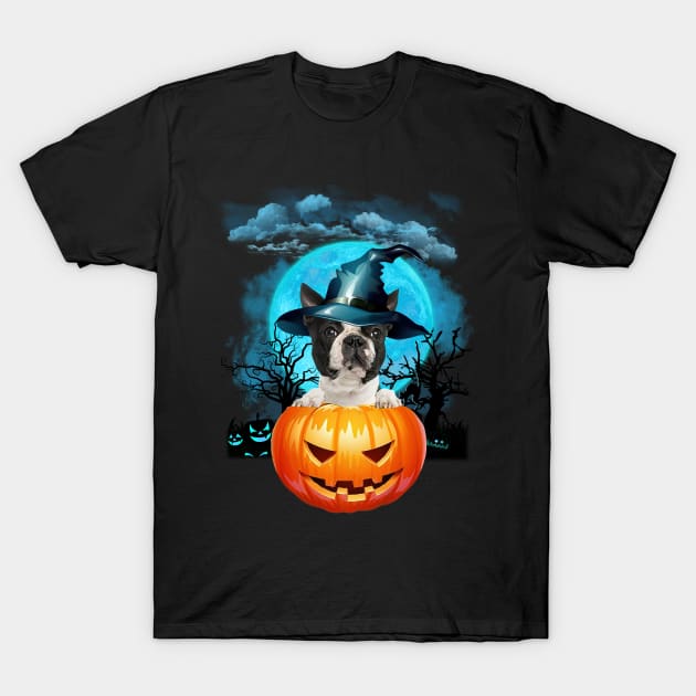 Boston Terrier Witch Hat Pumpkin And Blue Moon Halloween T-Shirt by Centorinoruben.Butterfly